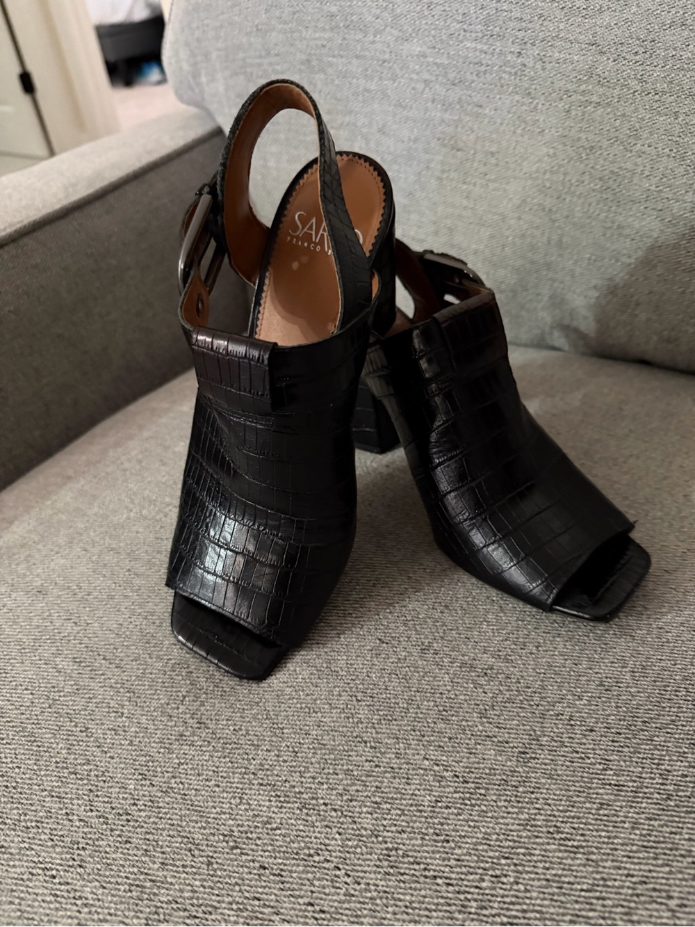 SARTO By Franco Sarto Black Croc-Embossed Slingback Block Heels